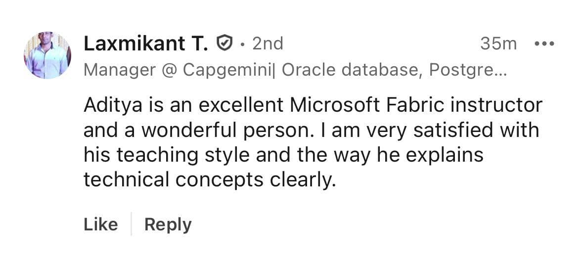Instructor appreciation comment on LinkedIn