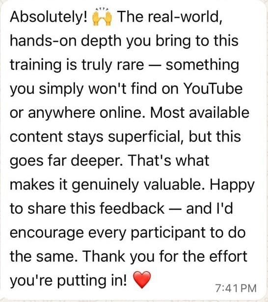Feedback praising real-world, hands-on training depth