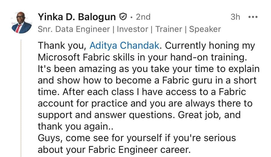 LinkedIn appreciation for hands-on Microsoft Fabric training