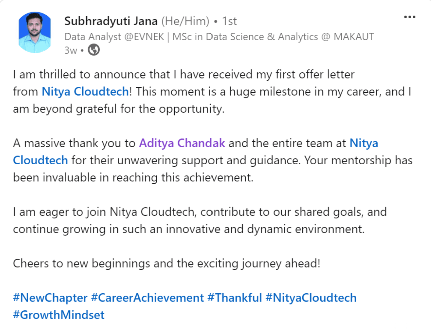 Placement appreciation message