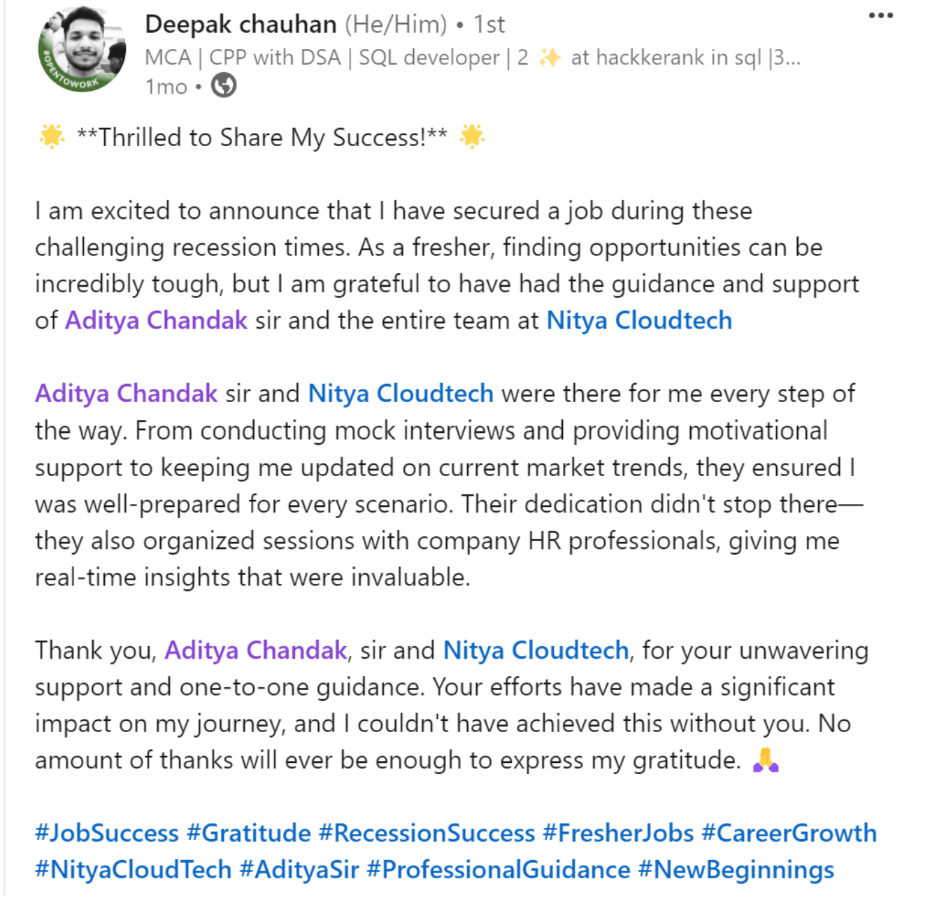 Placement appreciation message