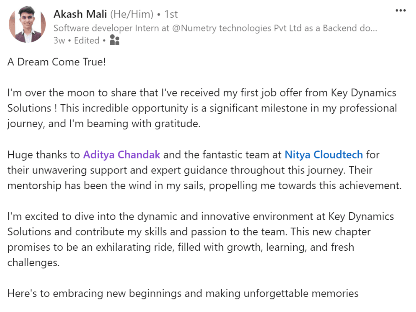 Placement appreciation message