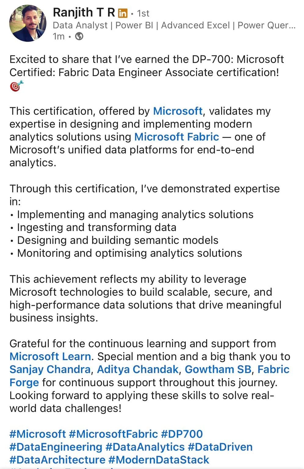 DP-700 certification achievement mentioning Aditya Chandak